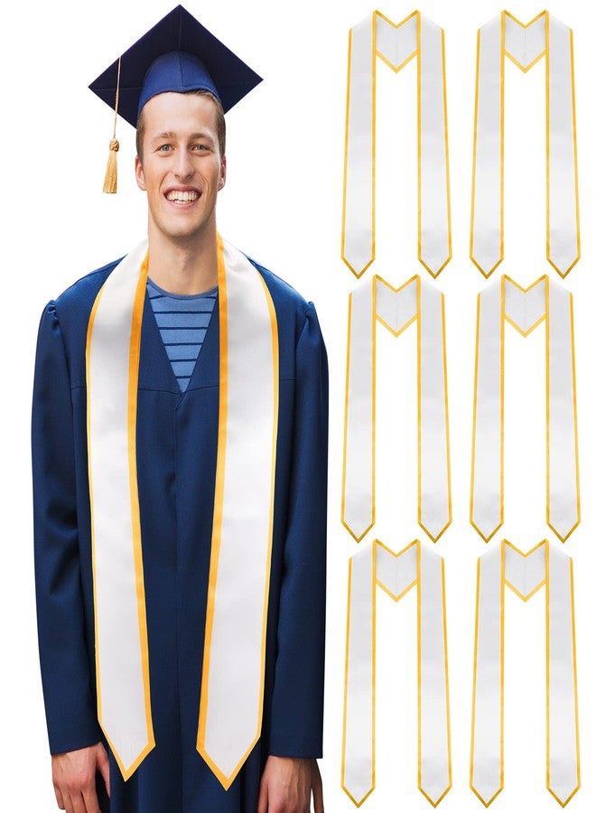SEEWEY 6 Pcs Graduation Plain Honor Stole Unisex Adult Honor Stole Sash 60" Long Graduation Sash Classic End with Gold Trim (White) - Image 1